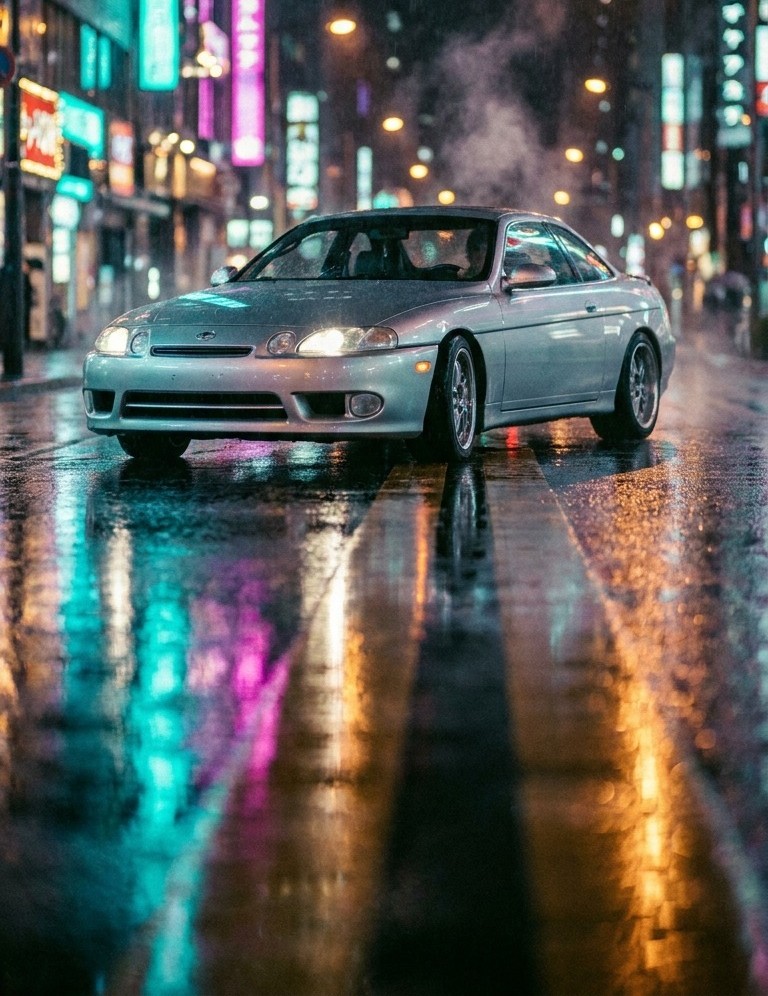 Silver Lexus SC300 on a rain-wet Tokyo street at night